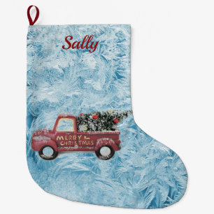 red vintage truck on a blue snowflake background large christmas stocking