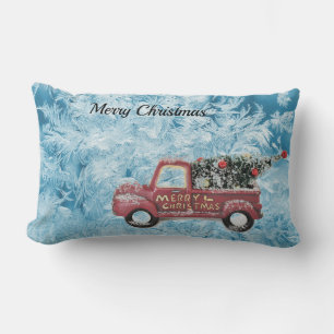 red vintage truck on a blue snowflake background lumbar pillow