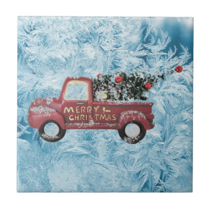 red vintage truck on a blue snowflake background   tile