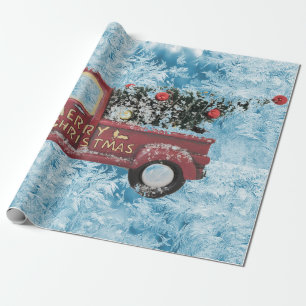 red vintage truck on a blue snowflake background wrapping paper