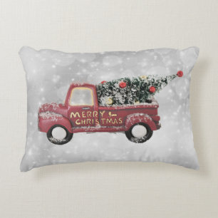 red vintage truck on a grey bokeh background accent pillow