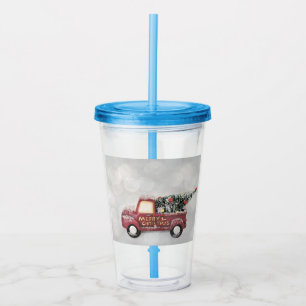 red vintage truck on a grey bokeh background acrylic tumbler