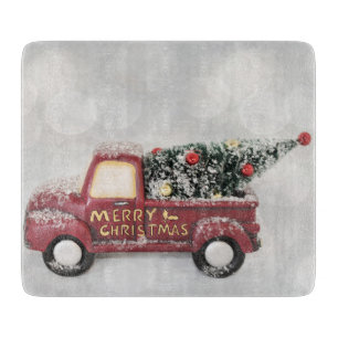 red vintage truck on a grey bokeh background  cutting board
