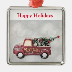 red vintage truck on a grey bokeh background metal ornament