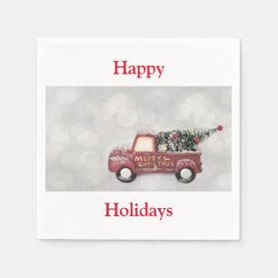 red vintage truck on a grey bokeh background napkin