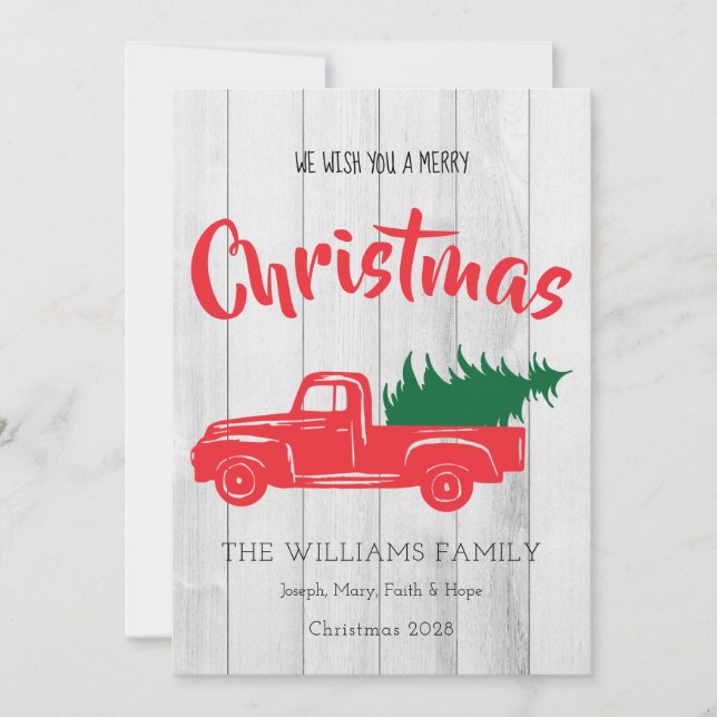 Red Vintage Truck Personalized Christmas Card (Front)