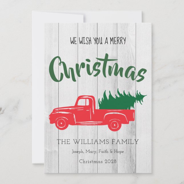 Red Vintage Truck Personalized Christmas Card (Front)