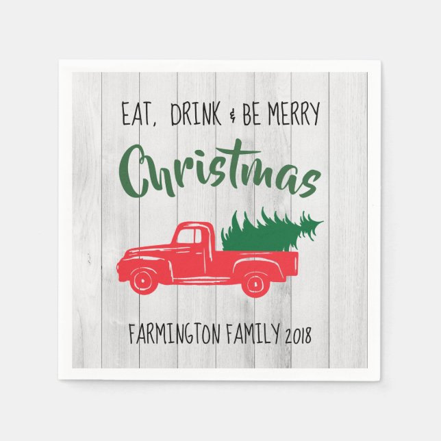 Red Vintage Truck Rustic Christmas Paper Napkin (Front)