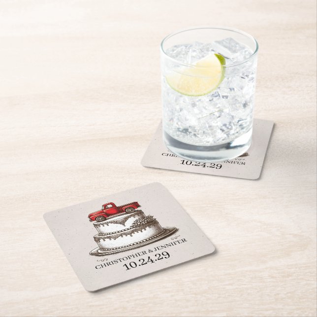 Red Vintage Truck Square Paper Coaster (Insitu)