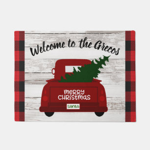 Red Vintage Truck with Christmas Tree Welcome Mat