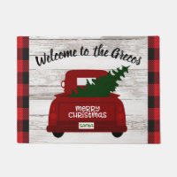 Red Vintage Truck with Christmas Tree Welcome Mat