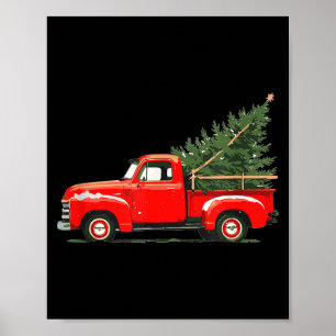 Red Vintage Truck With Tree Retro Christmas Style  Poster