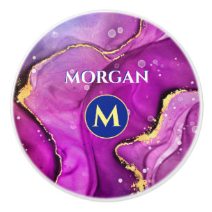 Red-Violet & Gold Liquid Ink, Monogram & Name Ceramic Knob
