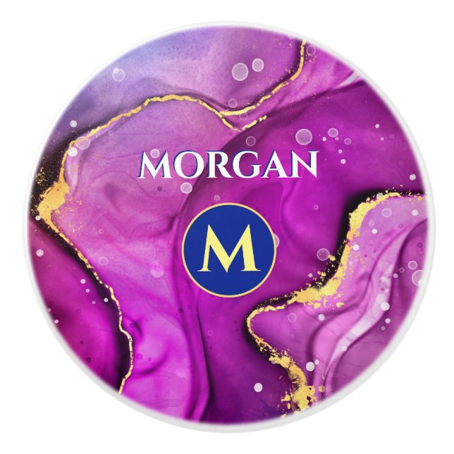 Red-Violet & Gold Liquid Ink, Monogram & Name Ceramic Knob (Front)