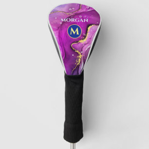 Red-Violet & Gold Liquid Ink, Monogram & Name Golf Head Cover