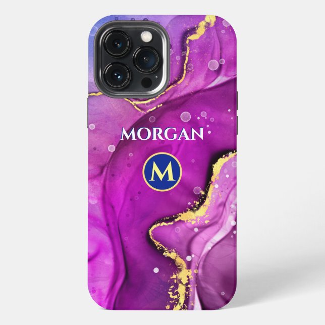 Red-Violet & Gold Liquid Ink, Monogram & Name iPhone Case (Back)