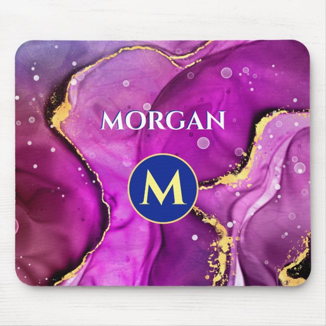 Red-Violet & Gold Liquid Ink, Monogram & Name Mouse Pad (Front)