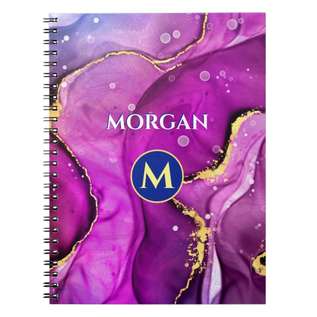 Red-Violet & Gold Liquid Ink, Monogram & Name Notebook (Front)