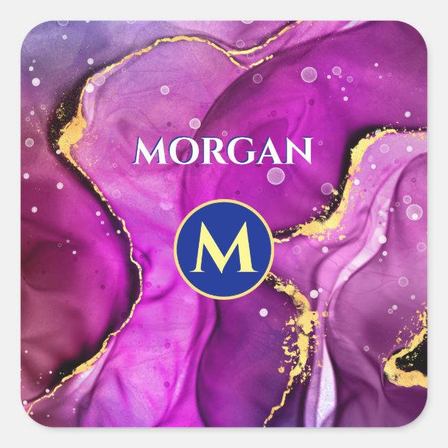 Red-Violet & Gold Liquid Ink, Monogram & Name Square Sticker (Front)
