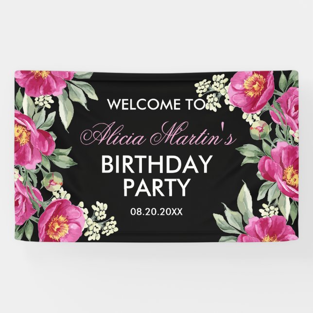 Red Violet Peony Floral Black Birthday Welcome Banner (Horizontal)
