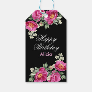 Red Violet Peony Floral Greenery Black Birthday  Gift Tags
