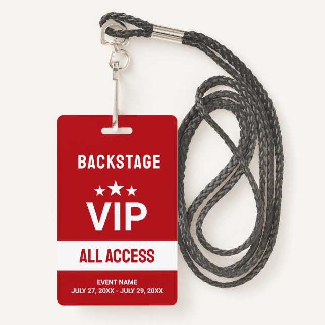 Red VIP Backstage All Access Pass ID Badge (Front with Lanyard)