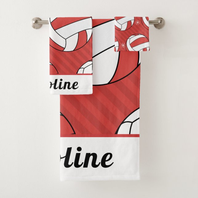 Red Volleyball Balls & Snowflakes Winter Kids Name Bath Towel Set (Insitu)