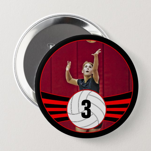 Red Volleyball Player Custom Jersey Number & Photo 4 Inch Round Button (Front & Back)