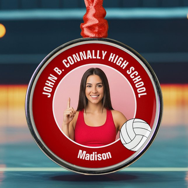 Red Volleyball Player Photo Christmas Gift Metal Ornament (Creator Uploaded)