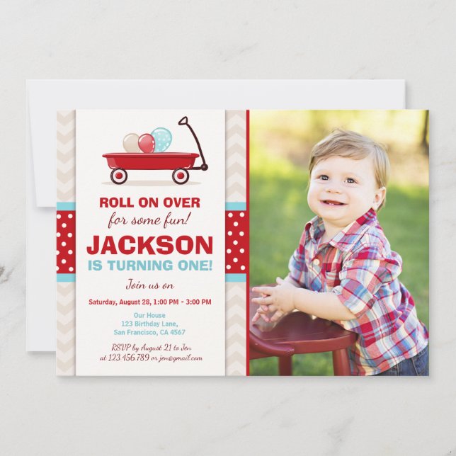 Red Wagon Birthday Invitation Litte Red Wagon Blue (Front)
