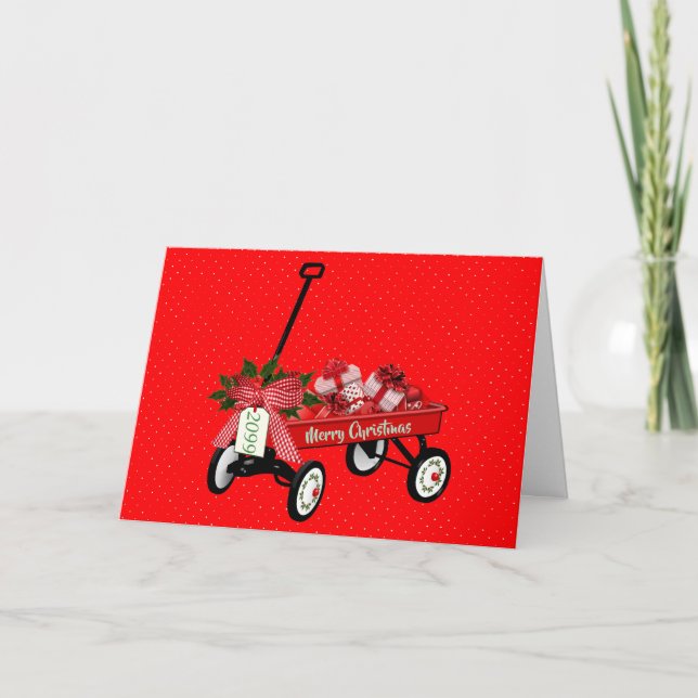 Red Wagon Presents Bow Merry Christmas Name Christ Card (Front)