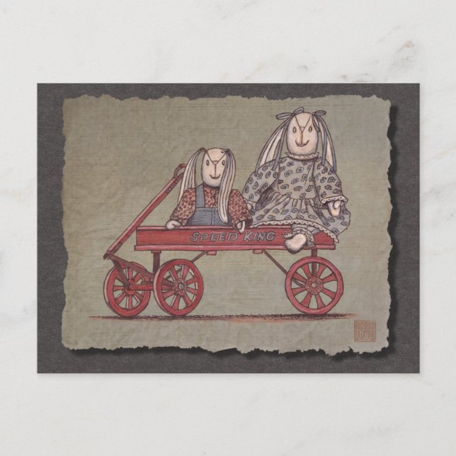 Red Wagon, Rabbit & Dolls Postcard (Front)