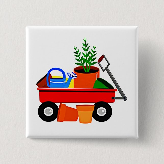 Red Wagon with Plants & Garden Tools 2 Inch Square Button (Front)