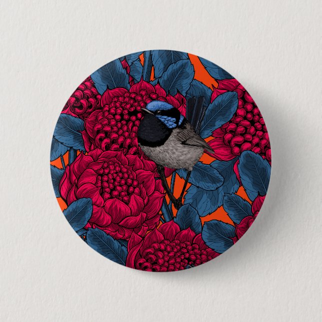 Red waratah and fairy wrens 2 inch round button (Front)