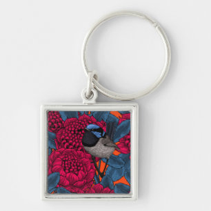 Red waratah and fairy wrens keychain