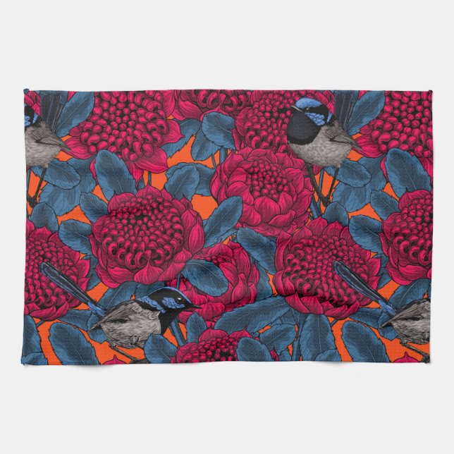 Red waratah and fairy wrens kitchen towel (Horizontal)