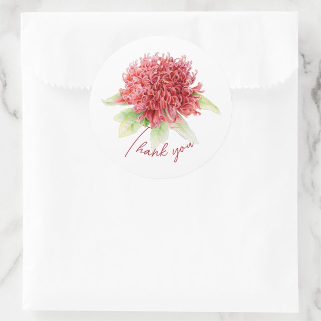 Red waratah botanical thank you wedding sticker (Bag)
