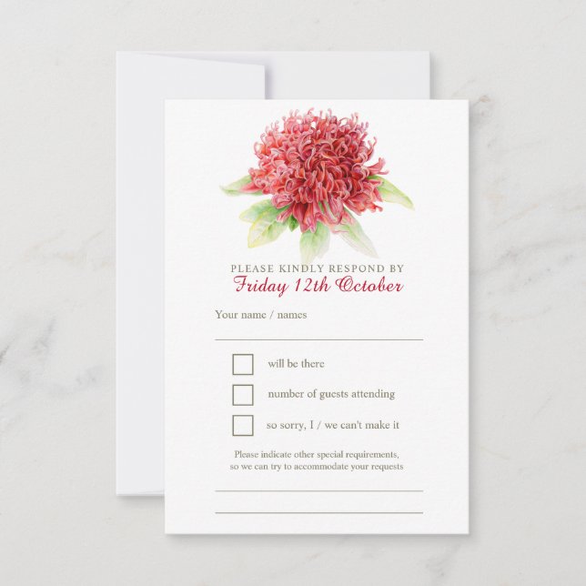 Red waratah floral watercolor wedding RSVP (Front)
