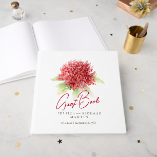 Red waratah flower watercolor red white wedding guest book