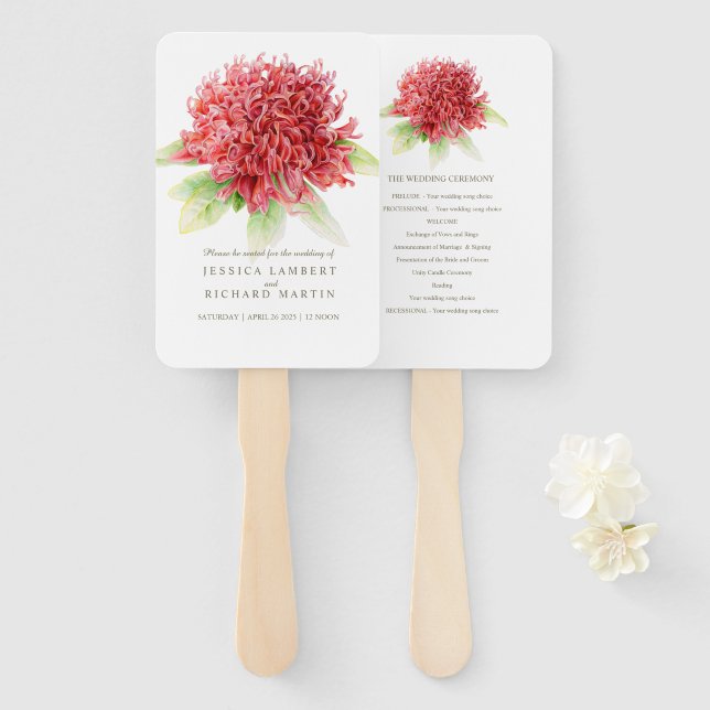 Red waratah wedding program fans (Front and Back)