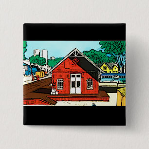 Red warehouse shed on the railroad 2 inch square button