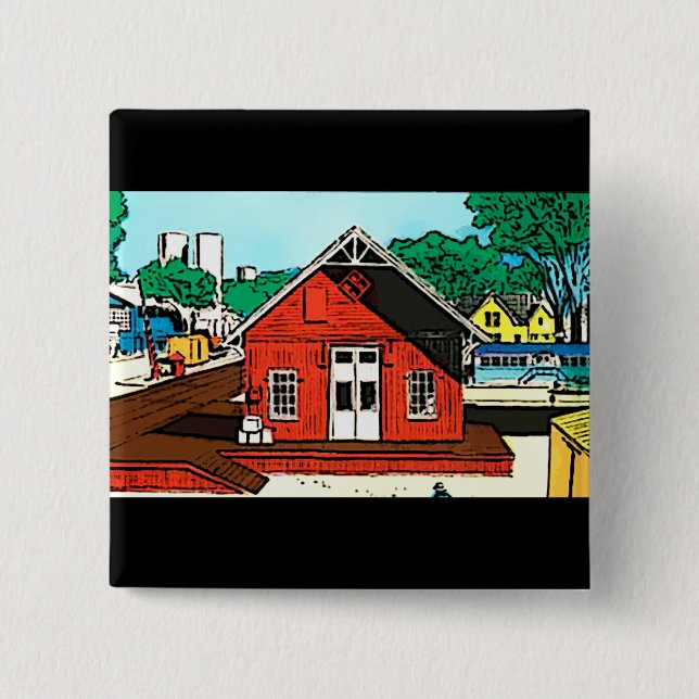 Red warehouse shed on the railroad 2 inch square button (Front)