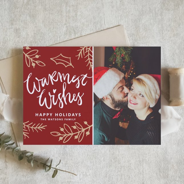 Red Warmest Wishes Modern Calligraphy Photo Holiday Card (Creator Uploaded)