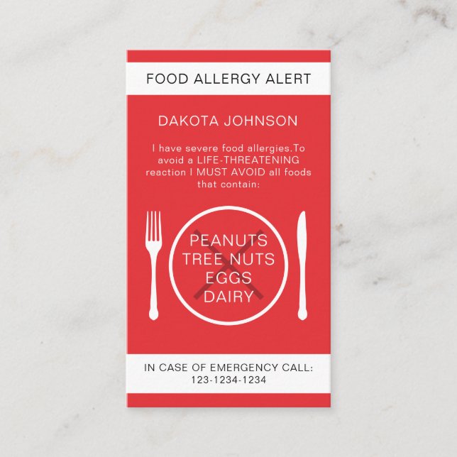 Red Warning Food Allergy Alert Chef Card (Front)