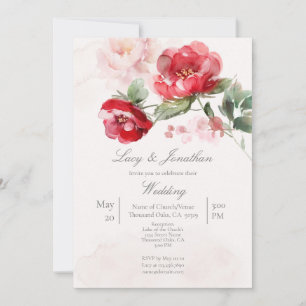 Red water coloured flower Wedding Invitation
