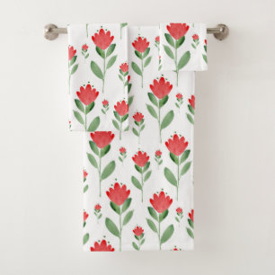 Red Watercolor Abstract Flower Pattern Bath Towel Set