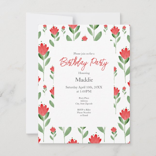 Red Watercolor Abstract Flower Pattern  Invitation (Front)