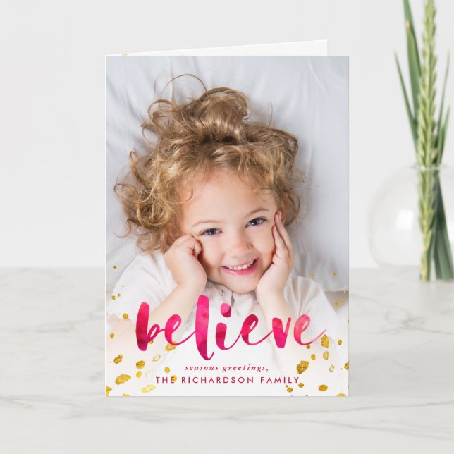 Red Watercolor and Gold Believe | Photo Holiday Card (Front)