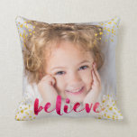 Red Watercolor and Gold Believe | Two Photo Throw Pillow<br><div class="desc">This stylish Christmas pillow says "believe" in trendy red watercolor look script,  with faux gold splashes and two of your own personal photos.</div>