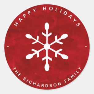 Red Watercolor and White Snowflake   Christmas Classic Round Sticker